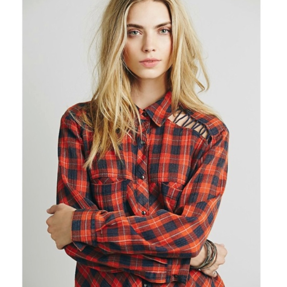 Free People Gauzy Plaid Button Down Top